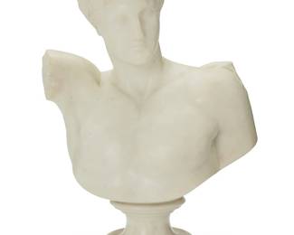 3075
A marble bust of Hermes after Praxiteles
20th century
Unmarked
Mounted on a marble pedestal
Overall: 19.25 x 14.25" W x 8.75" D
Estimate: $300 - $500