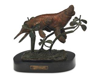 3280
Carl Wagner
(1938-2011)
"Quiet Waters," 1992
Patinated and cold-painted bronze on stone plinth
Edition: 16/25
Signed, dated, and numbered in the casting: Carl Wagner ©
Bronze: 10.75" H x 14.75" W x 10.25" D; Overall: 12.75" H x 15" W x 10.5" D
Estimate: $500 - $800