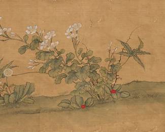 3212
A Chinese painting reproduction with white blossom flowers and foliage in a landscape, 19th/20th century
A Chinese painting reproduction on fabric, depicting a horizontal arrangement of blossoms, leafy stems, and grass set against an earth-toned background, and printed red chopmarks in the upper and lower right corners
Sight: 12.75" H x 23.25" W
Estimate: $500 - $700