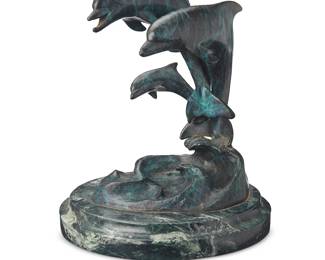 3281
James "Bud" Bottoms
(1928-2018)
Dolphins, 1984
Cold-painted bronze
Twice signed and dated in the casting: © James Bottoms / [date reading 1981 or 1984]
Bronze: 7.375" H x 5.375" W x 4.875" D; Overall: 8.5" H x 7.125" Dia.
Estimate: $200 - $300