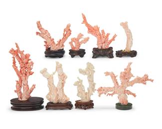3154
A group of Chinese carved coral specimens
20th century
Each depicting various figures and mounted on a carved wood stand, one on a nephrite stand
8 pieces
Tallest: 7.625" H x 3" W x 2" D; Shortest: 2.375" H x 2.75" W x 0.75" D
Estimate: $800 - $1,200