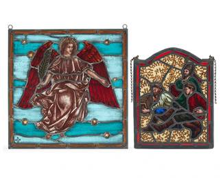 3049
Two leaded glass panels
19th/20th century
Marked with possibly an artist's cipher at lower right
One depicting an archangel, and another depicting three musician figures
2 pieces
Larger: 16.25" H x 16.25" W; Smaller: 14" H x 11" W
Estimate: $300 - $500