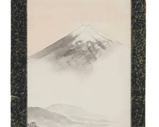3231
Style of Omura Taiun
(1883-1938)
Mt. Fuji landscape, Circa 20th Century
Ink and watercolor on paper heightened with white, with paper border and wooden dowels, mounted as a hanging scroll
Stamped with red chop marks in both the upper left and lower right portions of the sheet; further bearing the Japanese signature of Omura Taiun lower right
Image: 32.75" H x 9.5" W
Estimate: $200 - $300