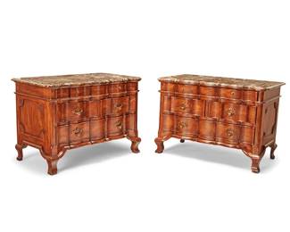 3084
A pair of Continental Rococo-style bedside commodes
Mid/late 20th century
Each wood dresser with a serpentine front and surmounted by a marble top, featuring four drawers with gilt-metal pulls, each side with quarter floral medallion flourishes at corners
2 pieces
Each overall: 27.25" H x 39" W x 21.25" D
Estimate: $400 - $600