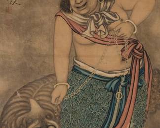 3213
A Chinese painted hanging scroll
Late Qing Dynasty
"Immortal and Beast," 1845
Ink and pigment on paper mounted to a fabric and paper scroll
Depicting a Chinese mythological figure holding a chain attached to a mythical creature
With various black ink inscriptions and two red ink chopmarks in Chinese in the upper left quadrant; on the verso of the upper left corner is a paper label with a black ink inscription in Chinese; titled and dated by repute
Image: 56.75" H x 29.5" W; Overall: 76.75" H x 3.875" W (approx.)
Estimate: $400 - $600