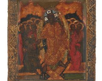 3047
A Continental icon of Jesus and the twelve Apostles
17th/18th century
Likely Russian, pigment on wood, with a gilt silver repoussé frame
Sight: 4.25" H x 3.375" W; Framed: 5.625" H x 4.625" W x 0.625" D
Estimate: $400 - $600