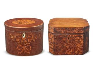 3045
Two Continental wood tea caddies
Early 19th century
Burlwood with fabric tag applied to underside: Old Arts / New York; and paper tag: La Reine Victoria
Comprising a Regency satinwood inlaid harewood tea caddy, and a George III mahogany and burlwood veneered tea caddy revealing a marbled paper-lined interior with single partition and lid lined with a plush fabric, each with locking hinged lid
2 pieces
Regency: 4.75" H x 6" W x 3.5" D; George III: 4.5" H x 6.125" W x 5" D
Estimate: $300 - $500