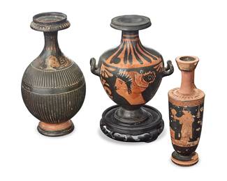 3324
Three Greek pottery urns
20th century
Possibly Apulian-style, the black painted terracotta vessels comprising a lekythos, a hydria, and a ribbed lekythos
3 pieces
Tallest: 8.5" H x 4.375" Dia.; Shortest: 7.125" H x 2.25" Dia.
Estimate: $300 - $500