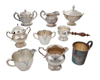 3003
A group of sterling silver hollowware items
Early/mid-20th century
Each marked for sterling and variously for maker
Comprising primarily coffee and tea service items, most monogrammed
13 pieces
Largest: 6.25" H x 6.375" W x 5.375" D
Total weight: 53.4 gross oz. troy approximately
Estimate: $1,000 - $1,500