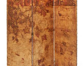 3336
An Arts & Crafts tooled leather three-panel screen
Early 20th century
Each panel clad to one side in leather with large brass tacking, tooled and dyed to depict autumnal toned maple trees and falling leaves
Each panel: 66.75" H x 22.625" W x 1" D; Stored: 3" D
Estimate: $700 - $900