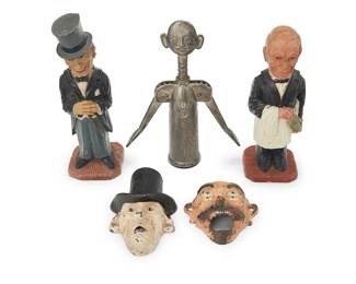 3345
A group of figural bottle openers
Late 19th/20th century
Comprising two painted carved wood figures of a butler and a dandy, each housing a corkscrew, one metal sommelier figural wine opener, and two enameled cast iron mask-form wall-mounted bottle cap openers
5 pieces
Taller figure: 8.75" H; Sommelier: 8.25" L; Largest head: 5" H x 3.375" W x 1.625" D
Estimate: $200 - $400