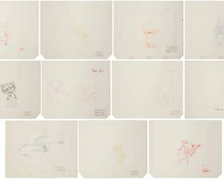 3349
A set of Nickelodeon Animation Studio animation roughs for "The Rugrats Movie," circa 1998
Eleven works:
Rugrats characters
Each: Various colored pencils and ink on paper
Each: Unsigned
Each sheet (approx.): 13.5" H x 16.5" W
Estimate: $100 - $200