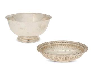 3009
Two Gorham sterling silver serving bowls
20th century
Each marked for Gorham and for sterling; Marie numbered: 175; Revere numbered: 41661
Comprising a 'Marie Antoinette' bowl with chased and repoussé bellflower motifs (2.375" H x 10.25" Dia.), and a 'Paul Revere' Reproduction bowl (5.25" H x 10.375" Dia.)
2 pieces
Total weight: 44 oz. troy approximately
Estimate: $1,000 - $1,500