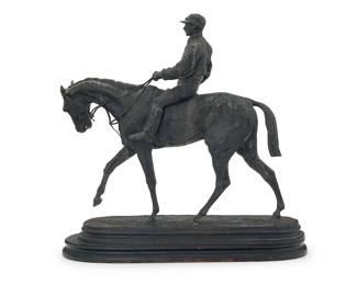3060
After Pierre-Jules Mêne
(1810-1879)
"Vainqueur du Derby"
Patinated metal on painted wood plinth
Marked in the casting: AvMO
Metal: 16.25" H x 17.25" W x 5.125" D; Overall: 17.5" H x 17.875" W x 6.75" D
Estimate: $300 - $500
