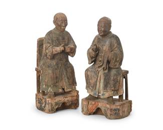 3185
Two Chinese polychrome carved wood figures of ancestors
Late Qing Dynasty (1644-1912)
Possibly a Hakka family in Malaysia, carved in an unusual style
2 pieces
Taller: 12.75" H x 5.5" W x 4.375" D; Shorter: 12.25" H x 5.5" W x 4.75" D
Estimate: $500 - $700