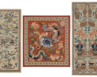 3215
A group of framed Chinese embroidery panels
Late Qing dynasty (1644-1912) or later
Comprising five fragments of various colors and sizes, each elaborate multicolored panel with woven or embroidered designs worked in multicolored silk and gilt-wrapped thread featuring multiple stylized landscape, floral, and/or auspicious motifs including scrolls, vases, fruit, birds, and moths, each with embroidered or brocade borders, and three with narrow woven braid trim
5 pieces
Sight: Largest: 24.25" H x 12.25" W; Smallest: 24.5" H x 5" W
Estimate: $300 - $500