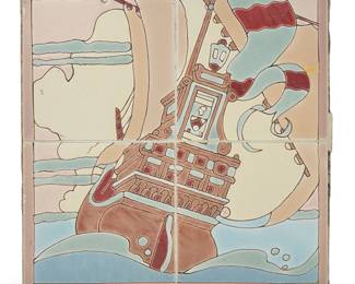 3347
A pictorial ceramic tile picture
20th century
Possibly Gladding McBean/Tropico Pottery, depicting a Spanish ship
12.25" H x 12.25" W x 1.25" D
Estimate: $100 - $150