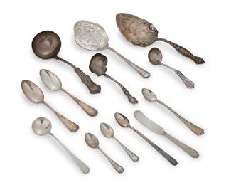 3007
A group of miscellaneous silver flatware items
20th century
Some marked for sterling; each marked for various makers
Comprising 12 R. Gove teaspoons each tested for .760-.900 purities, and an assemblage of sterling salt spoons, a tomato server, two ladles, and others, together with two silver alloy spoons, monogrammed
28 pieces
Largest: 8.875" L
Total weight: 21.8 oz. troy approximately
Estimate: $500 - $600