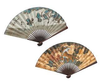 3217
Two Chinese polychrome paper wall fans
20th century
Each with sticker to outer rib: Made in China / ZL86202769; each with Chinese inscription and red chop mark
The painted paper fans, comprising one depicting five birds, the other depicting a Bengal tiger, each mounted to lacquered wood ribs, 2 pieces
Each stored: 35" H x 3" W x 2.375" D
Estimate: $100 - $200