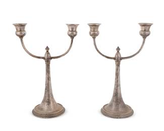 3021
A pair of Gorham weighted sterling silver two-light candelabra
Early 20th century
Each marked for Gorham and for sterling, numbered: 230
Each monogrammed
2 pieces
Each: 11.25" H x 7.875" W x 4.25" D
Estimate: $200 - $300