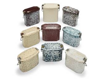 3339
A group of French graniteware lunch pails
Mid-20th century
The enameled metal lunch containers, each with swing handle and most with aluminum insert
9 pieces
Largest: 6.75" H x 6.5" W x 3.375" D
Estimate: $300 - $500