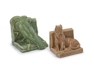 3337
Two Rookwood pottery bookends
1927 and 1947
Each marked for Rookwood; panther dated and numbered: 2564; also with artist's cipher: Mc [William P. McDonald (1863-1931)]; raven dated and numbered: 2274
Comprising one depicting a seated panther and another depicting a raven
2 pieces
Panther: 5.75" H x 5.875" W x 4.25" D; Raven: 6.5" H x 6.375" W x 6.75" D
Estimate: $150 - $200
