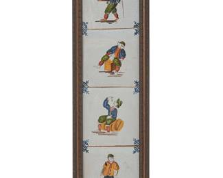 3346
Four Dutch framed figural ceramic tiles
20th century
The polychrome enameled tiles depicting various figures
Sight: 20.25" H x 4.875" D; Framed: 22.125" H x 6.75" W x 0.875" D
Estimate: $50 - $100