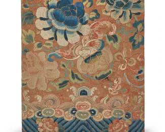 3194
A Chinese embroidered panel jewelry box
Late Qing Dynasty (1644-1912) and later
Comprising an early Chinese embroidered floral panel mounted to the padded lid of a later period rectangular box covered in dark blue fabric, the panel featuring multicolored silk embroidery worked on peach fabric, and featuring multiple stylized floral and auspicious motifs including bats, still water, waves an,d deep water motifs, the box with a removable tray and multiple interior compartments
3 " H x 8.75" W x 11" D
Estimate: $300 - $500