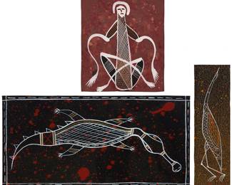 3272
Contemporary Aboriginal works
Three works:
Sidney Watts (20th/21st century)
"Crocodile," 2006
Acrylic on canvas
Signed, titled, dated, and inscribed, verso: Sidney Watts / 2006 / "Katherine NT"
12" H x 6" W
Edward Blitner (b. 1961)
"Rock Spirit"
Acrylic on canvas
Signed and titled, verso: E Blitner
10" H x 8" W
Sidney Watts (20th/21st century)
"Brolga," 2004
Acrylic on canvas
Signed, titled, and dated, verso: Sidney Watts / 2004
Estimate: $50 - $75