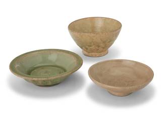 3245
Three East Asian celadon ceramic bowls
15th century or later
Possibly Chinese Longquan wares
3 pieces
Tallest: 2.375" H x 4.375" Dia.; Smallest: 1.375" H x 4.25" Dia.
Estimate: $300 - $500