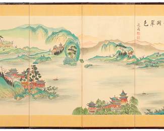 3208
A Chinese four-panel screen
20th century
Signed upper right
The painted and gilt fabric screen in a wood frame, each panel coming together to depict a seaside landscape with buildings, trees, boats on the water, and mountains in the distance, all within a gold-toned fabric border with foliate pattern
Each panel: 35.25" H x 14.875" W x 0.75" D; Stored: 2.75" D
Estimate: $200 - $300