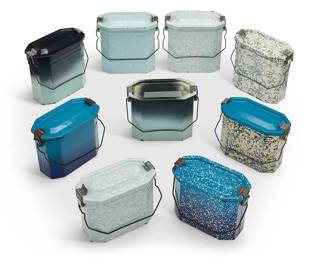 3338
A group of French graniteware lunch pails
Mid-20th century
The enameled metal lunch containers, each with swing handle and most with aluminum insert
9 pieces
Largest: 6" H x 6.25" W x 3" D
Estimate: $300 - $500