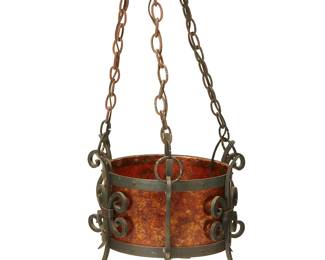 3332
A Spanish Colonial-style iron and mica ceiling lamp
Mid-20th century
Escutcheon with sticker: Luminaire / Issue No. A133215
The three-light lamp with enameled wrought iron frame lined in mica to interior, with faux candle fixtures, electrified
Without chains and escutcheon: 11.25" H x 16.25" Dia.; Overall: 28.5" H
Estimate: $100 - $150