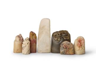 3175
Seven Chinese carved hardstone seals
20th century
Carved with various subjects including landscapes, a seascape, insects, and dragons, all blank
7 pieces
Tallest: 4.625" H; Shortest: 2.25" H
Estimate: $400 - $600