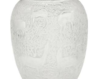 3024
A Lalique glass 'Biches' vase, no. 12320
1996
Originally designed 1932, reissued in 1989 by Marie-Claude Lalique (1935-2003)
Etched to underside: Lalique ® / France [post-1978]; with etched signature and date: MC Lalique / 3.96
The clear molded glass vase depicting deer amongst a foliate ground
6.75" H x 5.25" Dia.
Estimate: $500 - $700