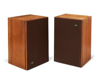 3352
A pair of JBL 'Century' L100 floor-standing speakers
Manufactured 1970-1978
Each with manufacturer's label and serial number: 31701
Each three-way speaker with a 12" woofer, a 5" midrange, and a 1.4" tweeter, electrified
2 pieces
Each: 23.5" H x 14.25" W x 13" D
Estimate: $700 - $900