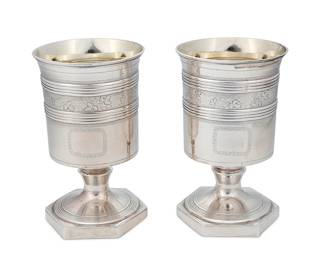 3023
A pair of English sterling silver goblets
1829
Each with British hallmarks for George IV, London, date, sterling, and maker: DU / NH [Duncan Urquhart & Napthali Hart]
Each footed cup with gilt-washed interior and chased grapevine motifs
2 pieces
Each: 6" H x 3.625" Dia.
Total weight: 15.3 oz. troy approximately
Estimate: $400 - $600
