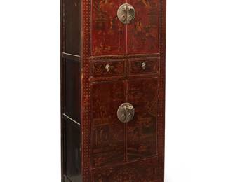 3199
A Chinese lacquered wood side cabinet
20th century
The dark red lacquered cabinet featuring gilt-painted front depicting figural scenes and landscapes with meandering and geometric trimming, with two drawers centering upper and lower cabinets, each revealing a single shelf
73.75" H x 28.5" W x 20" D
Estimate: $400 - $600
