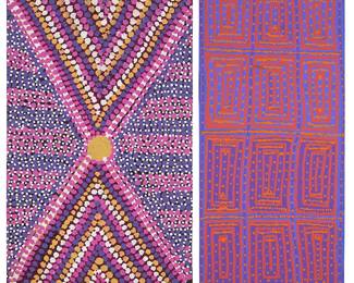3271
Contemporary Aboriginal works
Two works:
June Bird Ngale (b. 1955)
"Body Paint"
Acrylic on canvas
Signed verso: June Bird; titled on a label affixed to the stretcher; inscribed verso: "WGA 117"
35" H x 22" W (or reverse)
Kurt Jangala (b. 1962)
"Tingari"
Acrylic on linen
Signed verso: Kurt Jangala; titled on a label affixed to the stretcher; inscribed verso: "WGB 102"
37" H x 17" W (or reverse)
Estimate: $200 - $400