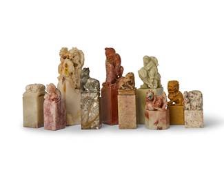 3174
Ten Chinese carved hardstone figural seals
20th century
Each with various subjects including dragons, guardian lions, other animals, and immortals, all blank
10 pieces
Tallest: 4.5" H; Shortest: 2" H
Estimate: $500 - $700
