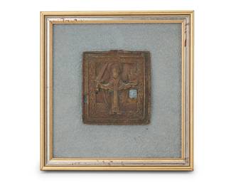 3046
A Russian icon of Saint Nicholas of Mozhaysk
Possibly 17th/18th century
Bronze traveling icon mounted in a frame
Icon: 3" H x 2.75" W; Framed: 6.25" H x 6" W x 0.875" D
Estimate: $600 - $800