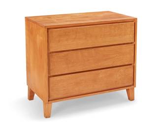 3295
A Conant Ball dresser
Mid-20th century
With burn mark to drawer interior: Conant Ball Furniture Makers [CB cipher]; numbered: 1852
Designed by Leslie Diamond for Conant Ball, the birch wood three-drawer dresser raised on tapered square feet
30.25" H x 32" W x 18" D
Estimate: $300 - $400