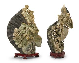 3180
Two Chinese hardstone carvings
20th century
Comprising one depicting a leaping fish and aquatic plants, and a fan-form carving with seed pods and floral elements, each set on a carved wood stand
2 pieces
Fan overall: 13.75" H x 9" W x 3.5" D; Fish overall: 14" H x 7.25" W x 3.25" D
Estimate: $100 - $200