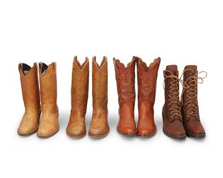3350
Four pairs of men's vintage Western-style boots
Late 20th century
Most marked for maker and size
Comprising a pair of Dingo tan leather western boots (size 11D), a pair of Texas tan leather boots (size 10.5 D), and a pair of unmarked tan cowboy boots with shaped top edges, and elaborate contrast flame stitching (no size mark), as well as a pair of tan nubuck leather lace-up kiltie-style boots with synthetic soles (size 10.5 D)
8 pieces
Tallest: 15.5 " H; heel: 2.5"
Estimate: $200 - $300