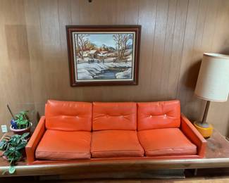 1960’s orange couch on wood frame-122”