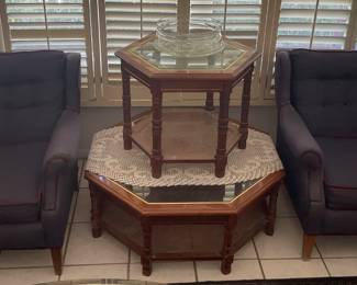 pair of matching blue with red trim chairs-31x32