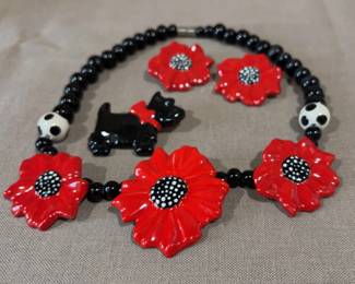 Ceramic Peony Necklace Earrings Set