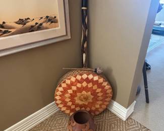 Original Indian signed drum, rain stick and Signed Pottery