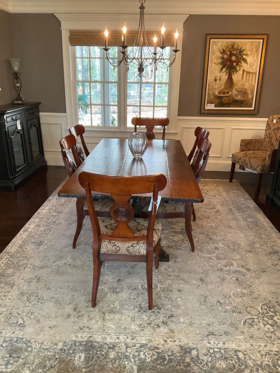 CUSTOM MADE DINING ROOM TABLE, ONE PIECE WITH 2 LEAVES TO ADD ON TO EACH END. RUG IS NOT FOR SALE.