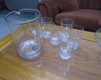 Etched crystal pitcher with 5 etched mugs